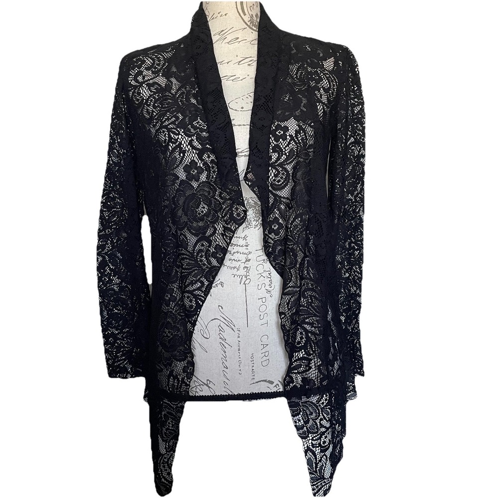 Kate & Mallory Lace Cardigan Womens XS Black Open Front Floral Sheer Goth Boho